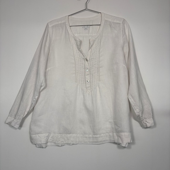 J. Jill Tops - J. Jill Women Tunic Top L White Love Linen Pintuck Split Neck Long Sleeve Beach